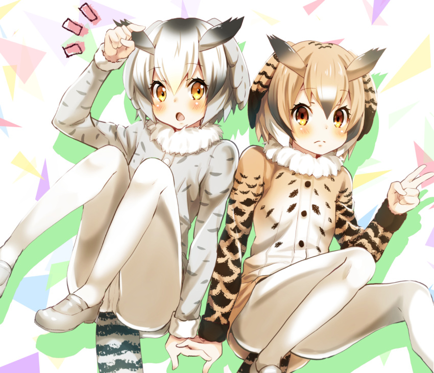 /\/\/\ 2girls :o blonde_hair blush brown_eyes buttons coat collar dot_nose eurasian_eagle_owl_(kemono_friends) eyebrows_visible_through_hair fur_collar gradient_eyes gradient_hair grey_hair grey_shoes hair_between_eyes hand_holding hand_up head_wings kemono_friends knees_to_chest knees_up light_brown_eyes light_brown_hair loafers long_sleeves looking_at_viewer mii_no_suke multicolored multicolored_background multicolored_eyes multicolored_hair multiple_girls northern_white-faced_owl_(kemono_friends) open_mouth orange_eyes panties panties_under_pantyhose pantyhose pantyshot pantyshot_(sitting) pointing pointing_at_viewer shiny shiny_skin shoes short_hair sitting tail tareme underwear v white_hair white_legwear white_panties wings yellow_eyes