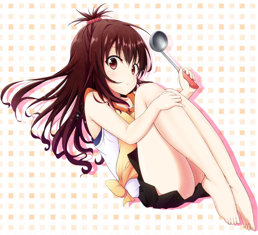 1girl :&lt; absurdres apron artist_request ass bare_shoulders barefoot blush brown_eyes brown_hair feet hair_ornament highres ladle long_hair looking_at_viewer skirt sleeveless solo to_love-ru toes yuuki_mikan