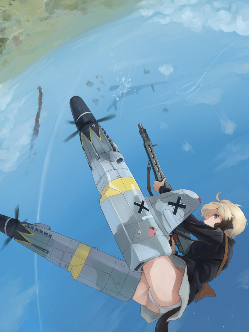 1girl ass blonde_hair blue_eyes brown_hair dachshund dog_tail erica_hartmann fire flying gun heart highres jacket jinguuji_(jinguji443) looking_at_viewer military military_uniform multicolored_hair panties short_hair smoke solo strike_witches striker_unit tail two-tone_hair underwear uniform weapon weapon_request white_panties world_witches_series