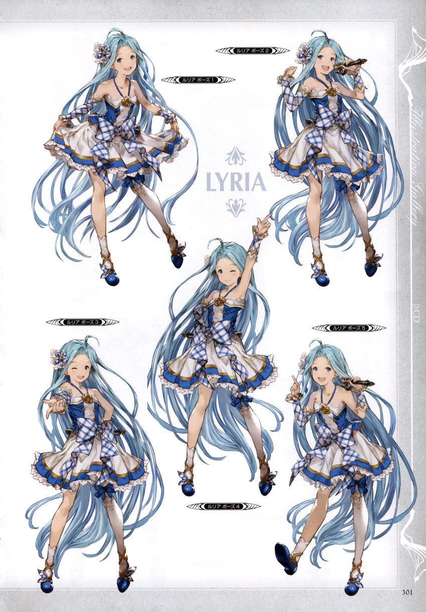 1girl absurdly_long_hair absurdres armpits arms_up asymmetrical_legwear bare_shoulders blue_eyes blue_hair character_name collarbone detached_sleeves dress elbow_gloves gloves granblue_fantasy hair_ornament hand_on_hip highres holding long_hair looking_at_viewer lyria_(granblue_fantasy) microphone minaba_hideo multiple_views official_art one_eye_closed open_mouth ribbon scan shoes short_dress simple_background sleeveless smile very_long_hair white_legwear