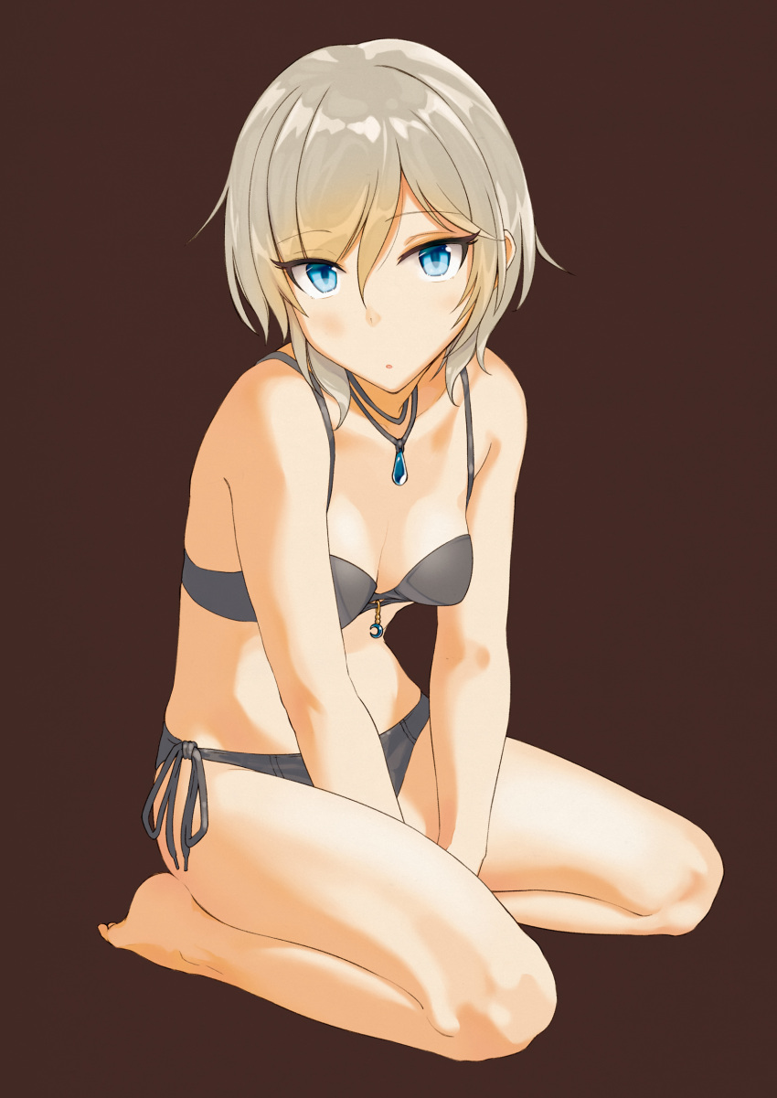 1girl :o anastasia_(idolmaster) bare_arms bare_legs bare_shoulders barefoot between_legs black_bra black_panties black_ribbon blonde_hair blue_eyes bra breasts brown_background cleavage eyebrows_visible_through_hair full_body gem hand_between_legs highres idolmaster idolmaster_cinderella_girls jewelry kanamura_will necklace panties parted_lips pendant ribbon sapphire_(stone) short_hair side-tie_panties simple_background sitting small_breasts solo tsurime underwear underwear_only wariza