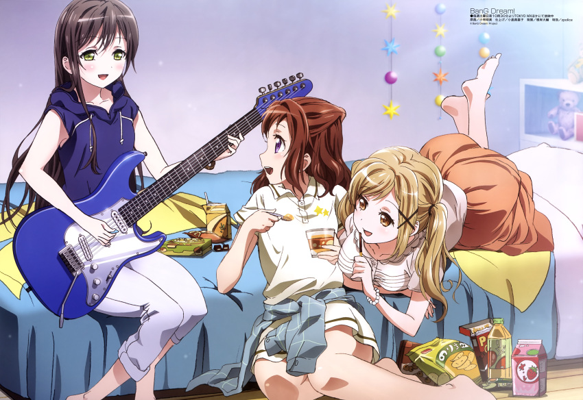 3girls :d absurdres bang_dream! barefoot bed bedroom black_hair blue_jacket brown_eyes brown_hair capri_pants casual clothes_around_waist eye_contact feet green_eyes guitar hair_ornament hanazono_tae highres holding holding_instrument holding_spoon hood hooded_jacket ichigaya_arisa indoors instrument jacket kobayashi_akemi long_hair looking_at_another lying megami multiple_girls official_art on_stomach open_mouth orange_skirt pants shirt short_sleeves sitting skirt sleeveless_jacket smile sweater_around_waist toyama_kasumi twintails white_pants white_shirt wooden_floor yellow_shirt yellow_skirt