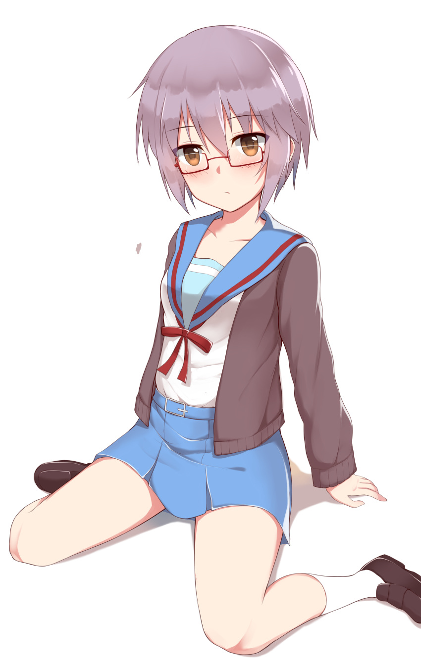 1girl absurdres arms_at_sides blazer blue_skirt blush brown_eyes brown_jacket brown_shoes buckle closed_mouth collarbone ero_mang-a expressionless eyebrows_visible_through_hair full_body glasses highres jacket kneehighs long_hair long_sleeves looking_at_viewer nagato_yuki open_blazer open_clothes open_jacket purple_hair red-framed_eyewear red_ribbon ribbon school_uniform semi-rimless_glasses serafuku shirt shoes short_hair simple_background sitting skirt suzumiya_haruhi_no_yuuutsu under-rim_glasses wariza white_background white_legwear white_shirt