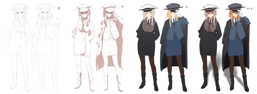 2girls adjusting_clothes adjusting_hat ankle_boots arm_up bangs bismarck_(kantai_collection) black_boots black_legwear black_necktie blazer blonde_hair blue_blazer blue_eyes blue_necktie blue_skirt boots buttons closed_mouth coat collared_shirt eye_contact flat_color formal frown full_body fur-trimmed_coat fur_coat fur_trim gloves graf_zeppelin_(kantai_collection) grey_hat hair_between_eyes hair_over_shoulder hands_in_pockets hat high_heel_boots high_heels highres how_to jacket jacket_on_shoulders kantai_collection legs lineart long_sleeves looking_at_another looking_to_the_side making_of military military_uniform monochrome multiple_girls naval_uniform necktie open_clothes open_coat pantyhose peaked_cap pencil_skirt shade shadow shirt sidelocks silver_hair simple_background skirt skirt_set smile taut_skirt touyama_eight twintails uniform vest white_background white_gloves white_hat white_shirt wing_collar winter_clothes winter_coat work_in_progress
