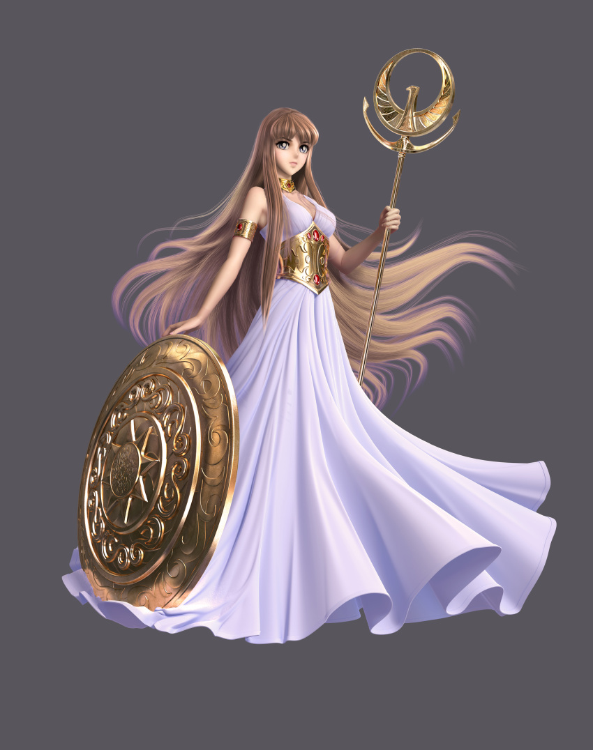 1girl 3d absurdres armlet athena_(saint_seiya) blue_eyes brown_hair closed_mouth dress full_body grey_background head_tilt highres holding holding_staff long_hair looking_away saint_seiya shield simple_background sleeveless sleeveless_dress solo staff very_long_hair white_dress znz