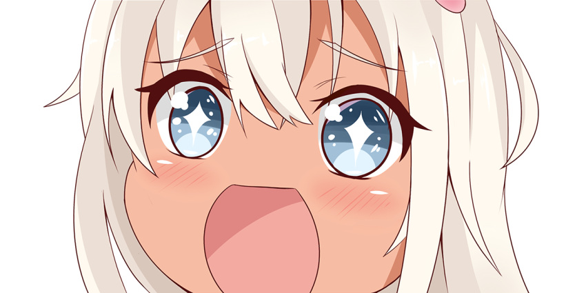 +_+ 1girl blonde_hair blue_eyes close-up kantai_collection long_hair looking_at_viewer no_nose open_mouth ro-500_(kantai_collection) simple_background sin-poi solo sparkling_eyes symbol-shaped_pupils tan white_background