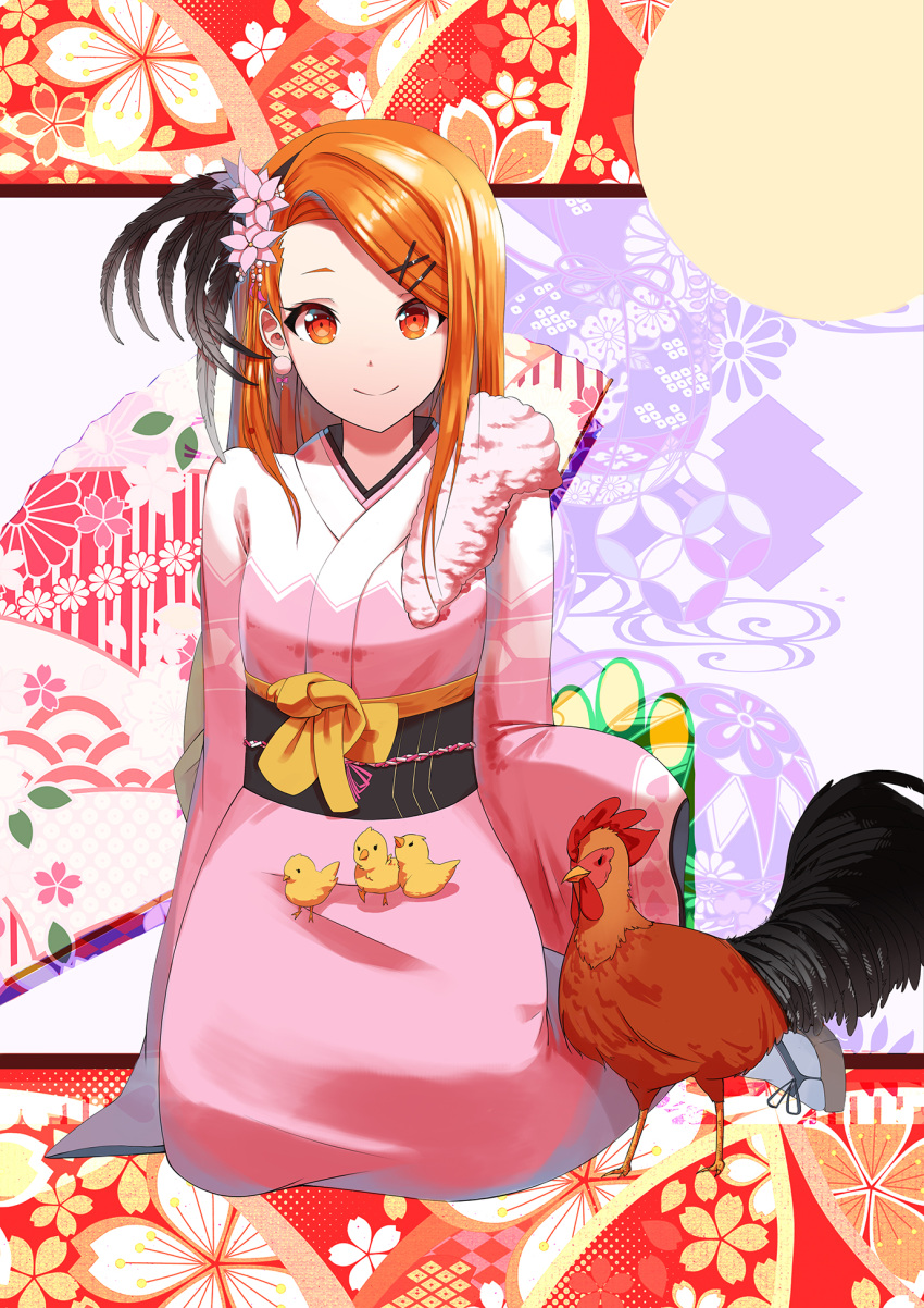 1girl arm_at_side bangs bird brown_eyes brown_hair chicken daika_(cheshire777777) floral_background flower hair_flower hair_ornament hairband highres idolmaster japanese_clothes kimono long_hair looking_at_viewer minase_iori multicolored multicolored_background obi pink_kimono rooster sash seiza sitting sleeves_past_wrists smile swept_bangs wide_sleeves year_of_the_rooster