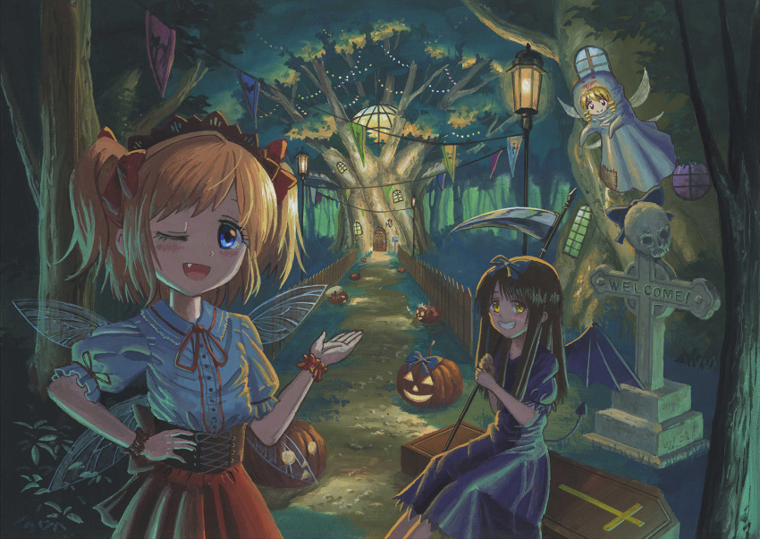 &gt;:) 3girls ;d bat_wings birijian blonde_hair blue_bow blue_eyes blush bow brown_hair coffin commentary_request costume cross door drill_hair fairy_wings fang fence forest ghost_costume hair_bow halloween highres holding jack-o'-lantern lantern long_hair looking_at_viewer luna_child multiple_girls nature neck_ribbon one_eye_closed open_mouth orange_hair puffy_short_sleeves puffy_sleeves red_bow red_eyes red_ribbon ribbon scythe short_hair short_sleeves skull smile star_sapphire sunny_milk tail tombstone touhou touhou_sangetsusei traditional_media tree twintails window wings wrist_cuffs yellow_eyes