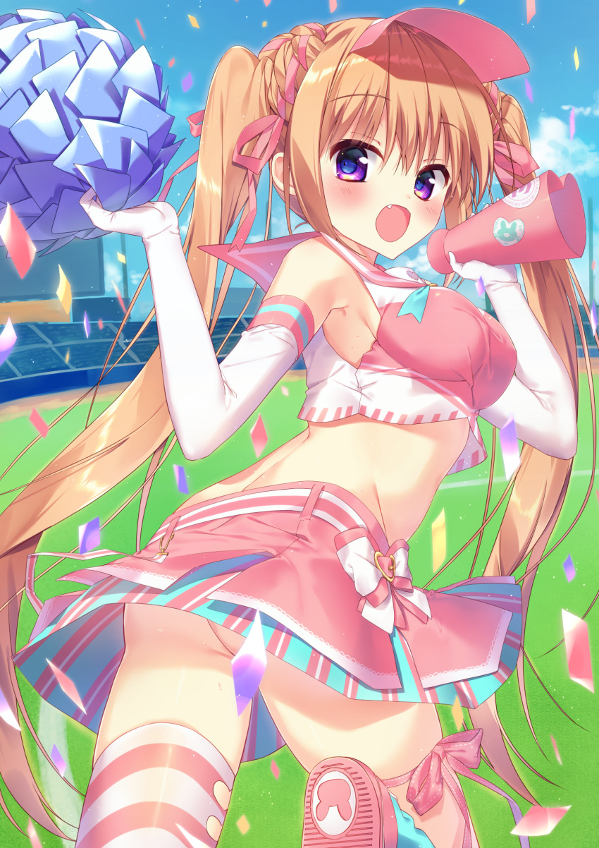 1girl bleachers blue_eyes blush bow breasts check_commentary check_translation cheerleader commentary_request confetti elbow_gloves eyebrows_visible_through_hair fang field gloves gradient_eyes hair_ribbon highres layered_skirt long_hair looking_back medium_breasts midriff miniskirt moe2017 mofukoke multicolored multicolored_eyes open_mouth orange_hair original pink_ribbon pink_skirt pom_poms ribbon sailor_collar shirt single_thighhigh skirt sleeveless sleeveless_shirt solo striped striped_skirt thigh-highs thigh_ribbon translation_request twintails very_long_hair violet_eyes visor white_gloves wind wind_lift