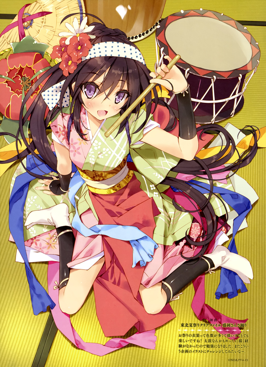 1girl :d absurdres arm_support black_legwear blush detached_sleeves feet flower from_above full_body hair_flower hair_ornament headband highres holding indoors japanese_clothes kimono kneehighs looking_at_viewer no_shoes open_mouth original polka_dot red_flower scan sitting smile socks solo tsurusaki_takahiro violet_eyes white_flower
