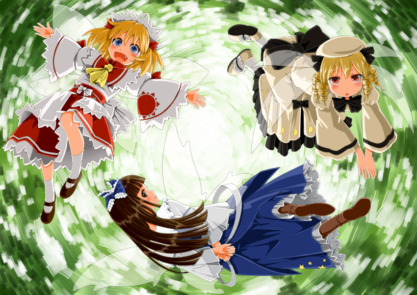 3girls :&lt; :d arms_behind_back ascot beige_dress black_bow black_ribbon blonde_hair blue_bow blue_eyes blush boots bow bowtie brown_boots brown_eyes brown_hair brown_shoes crescent drill_hair fairy_wings fang flying frills hair_bow hat kazu_(rakugakino-to) long_hair luna_child maid_headdress mary_janes multiple_girls open_mouth outstretched_arms red_eyes ribbon sash shoes short_hair smile spread_arms star star_sapphire sun_(symbol) sunny_milk touhou white_bow white_legwear wide_sleeves wings