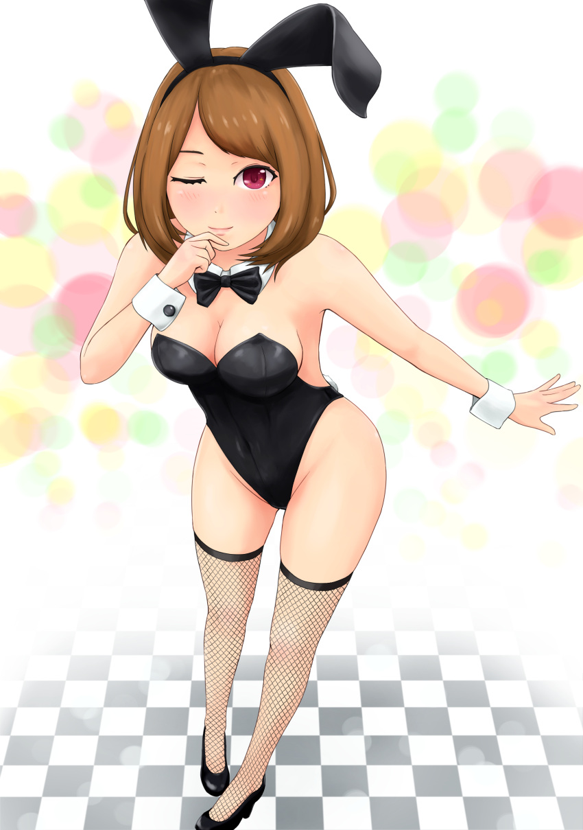 1girl absurdres animal_ears bangs bare_shoulders black_leotard black_shoes blush breasts brown_hair bunnysuit checkered checkered_floor cleavage closed_mouth covered_navel detached_collar fake_animal_ears fishnet_legwear fishnets full_body hand_on_own_chin hand_up high_heels highres hips leotard light_smile looking_at_viewer medium_breasts one_eye_closed original rabbit_ears shoes short_hair smile solo standing swept_bangs thigh-highs thighs violet_eyes wrist_cuffs yurashima