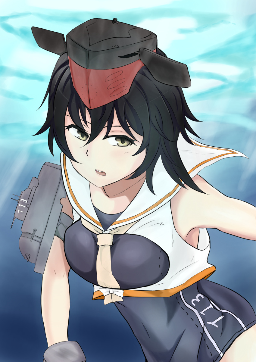 1girl absurdres arm_strap black_hair bow breast_cutout character_name commentary_request hair_between_eyes hairbryereen) highres hst i-13_(kantai_collection) kantai_collection looking_to_the_side neckerchief open_mouth rukialice sailor_collar school_swimsuit shirt short_hair sleeveless sleeveless_shirt smile solo swimsuit swimsuit_under_clothes underwater upper_body yellow_eyes