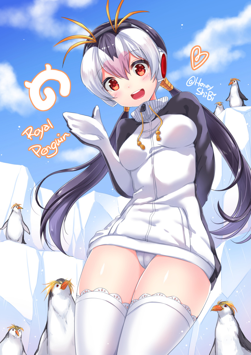 1girl animal bird black_hair blush breasts headphones highres ice_block jacket kemono_friends long_hair looking_at_viewer multicolored_hair open_mouth penguin red_eyes royal_penguin_(kemono_friends) shibi signature sky smile thigh-highs turtleneck twintails white_hair white_legwear