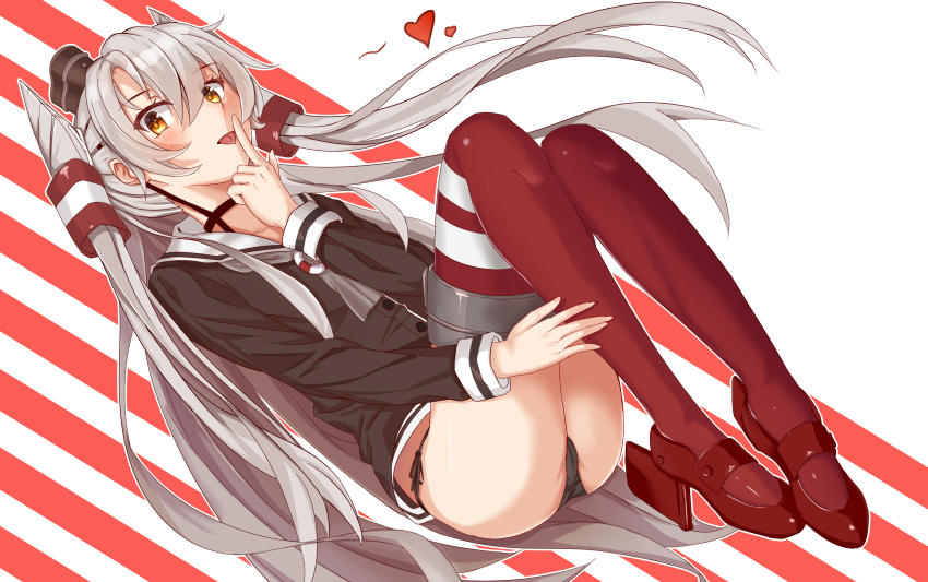 1girl absurdres amatsukaze_(kantai_collection) bent_knees black_panties brown_dress brown_eyes dress from_side full_body garter_straps gloves hair_tubes highres kantai_collection long_hair looking_at_viewer panties red_legwear sailor_collar sailor_dress short_dress silver_hair single_glove thigh-highs thighs two_side_up underwear white_gloves windsock