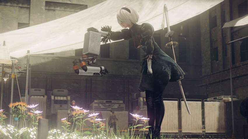 black_boots black_dress black_gloves black_hairband blindfold boots cleavage_cutout covered_eyes dress gloves hairband high_heel_boots high_heels highleg highleg_leotard highres juliet_sleeves leotard long_sleeves mole mole_under_mouth nier_(series) nier_automata pink_lips pod_(nier_automata) puffy_sleeves ribbed_dress vambraces weapon_on_back white_leotard yorha_no._2_type_b
