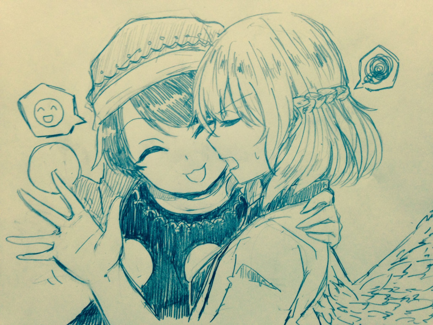 2girls :3 :d bangs braid closed_eyes commentary_request doremy_sweet efukei eyebrows_visible_through_hair feathered_wings french_braid hand_on_another's_back hat highres kishin_sagume monochrome motion_lines multiple_girls open_mouth outstretched_hand pom_pom_(clothes) profile short_hair single_wing smile spoken_squiggle squiggle sweat touhou traditional_media upper_body wings