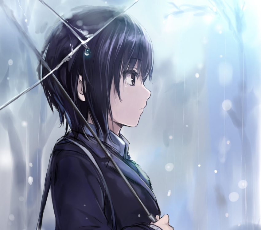 1girl aoyama_sumika black_eyes black_hair black_jacket coffee-kizoku eyebrows_visible_through_hair from_side highres holding holding_umbrella jacket original outdoors rain short_hair sketch solo transparent_umbrella umbrella upper_body