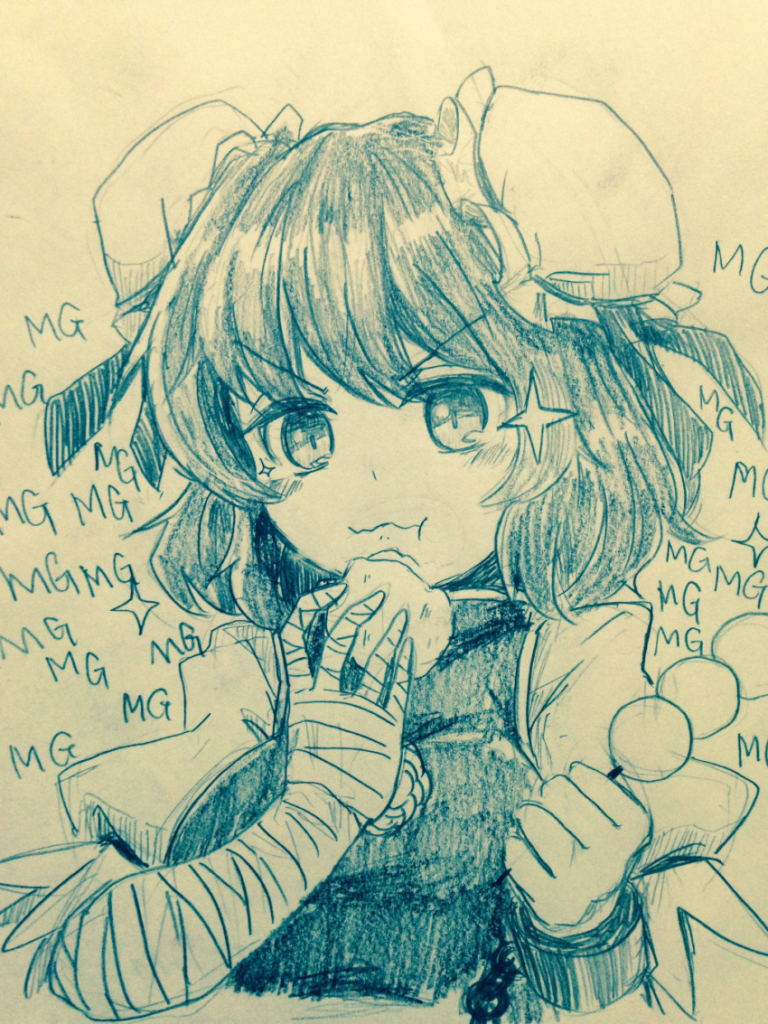 1girl bandaged_arm bangs blush breasts bun_cover chains commentary_request cuffs dango eating efukei eyebrows_visible_through_hair food highres holding holding_food ibaraki_kasen looking_at_viewer medium_breasts monochrome puffy_short_sleeves puffy_sleeves shackles short_hair short_sleeves solo sparkle touhou traditional_media upper_body wagashi