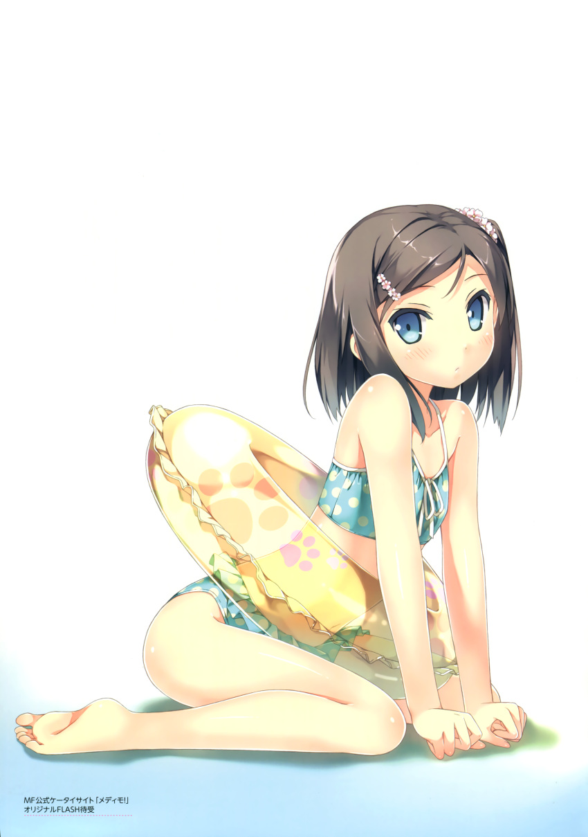 1girl absurdres barefoot bikini black_hair blue_bikini blue_eyes collarbone feet flat_chest full_body hair_ornament hair_scrunchie hentai_ouji_to_warawanai_neko. highres innertube kantoku looking_at_viewer official_art one_side_up scan scrunchie shiny shiny_skin short_hair soles solo swimsuit toes transparent tsutsukakushi_tsukiko white_background