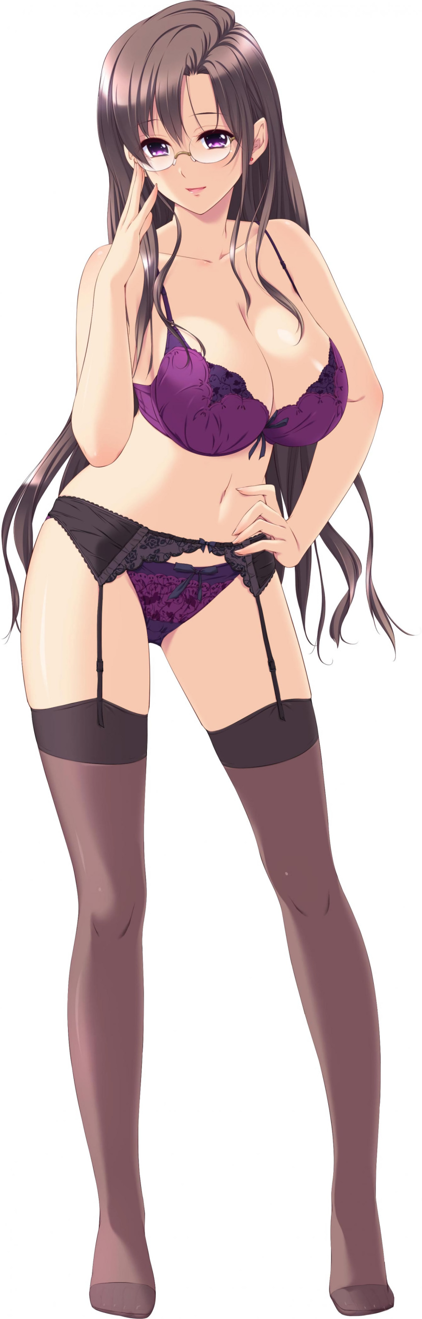 1girl absurdres artist_request bow bow_panties bra breasts brown_hair contrapposto copyright_request earrings full_body garter_belt garter_straps glasses hand_on_hip hand_on_own_cheek highres jewelry large_breasts light_smile lingerie lipstick long_hair makeup navel panties purple_bra purple_panties rimless_glasses simple_background solo thigh-highs underwear underwear_only violet_eyes white_background