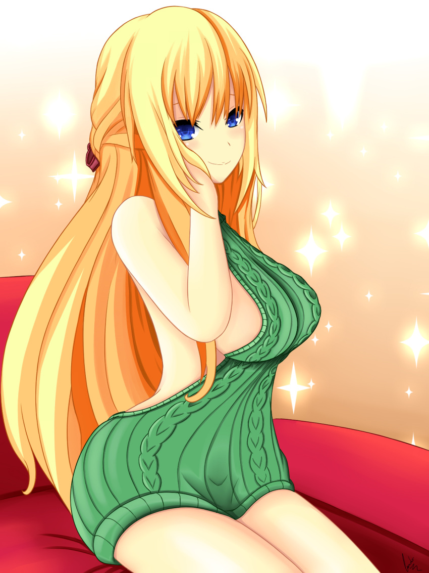 blonde_hair blue_eyes breasts choujigen_game_neptune closed_mouth cundodeviant dress green_sweater hand_on_head highres kami_jigen_game_neptune_v large_breasts long_hair looking_at_viewer meme_attire naked_sweater neptune_(series) no_bra no_panties open-back_dress shiny shiny_hair shiny_skin sideboob sitting solo striped striped_legwear sweater sweater_dress sweater_vest tied_hair turtleneck turtleneck_sweater vert virgin_killer_sweater