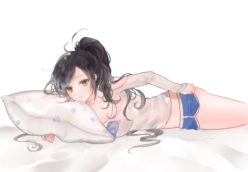 1girl 96dgd ass bare_shoulders black_eyes black_hair breasts cleavage dungeon_and_fighter long_hair long_sleeves looking_at_viewer lying on_stomach pillow ponytail short_shorts shorts shorts_lift shoulder_cutout solo very_long_hair