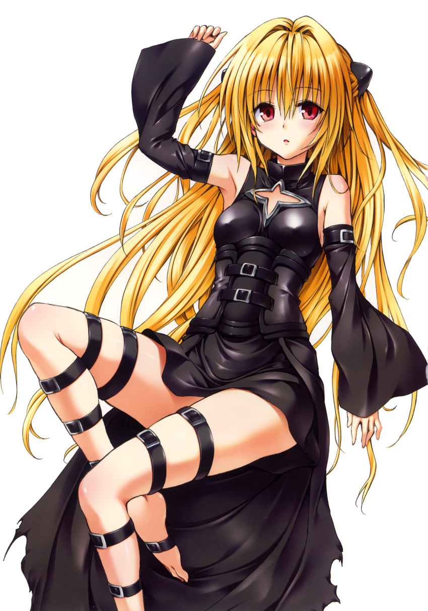 1girl absurdres arm_up barefoot belt black_dress blonde_hair breasts cleavage_cutout detached_sleeves dress erect_nipples eyebrows_visible_through_hair feet highres konjiki_no_yami long_hair looking_at_viewer official_art parted_lips red_eyes sideboob simple_background sleeveless sleeveless_dress small_breasts solo to_love-ru toes torn_clothes torn_dress very_long_hair white_background yabuki_kentarou