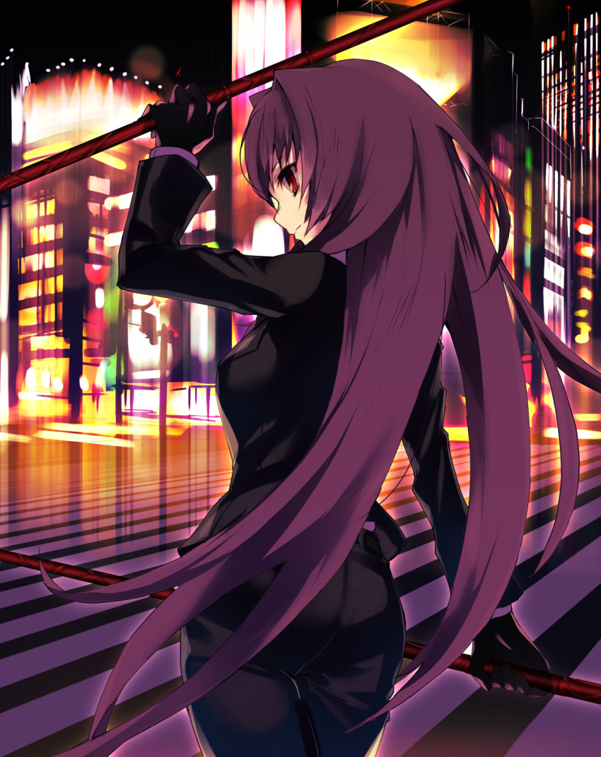 1girl black_jacket city city_lights cityscape fate/grand_order fate_(series) gae_bolg gloves highres jacket long_hair long_sleeves polearm purple_hair red_eyes road scathach_(fate/grand_order) solo spear street weapon