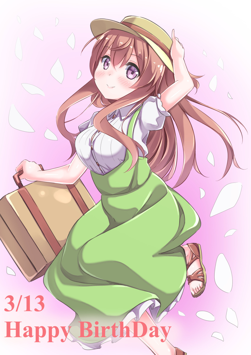 1girl absurdres bangs blush breasts brown_hair buttons carrying closed_mouth collared_shirt commentary_request dated dress english frilled_dress frills full_body getou gochuumon_wa_usagi_desu_ka? gradient gradient_background green_dress hand_on_headwear happy_birthday hat highres hoto_mocha large_breasts long_hair looking_at_viewer no_legwear petals pink_background pinky_out puffy_short_sleeves puffy_sleeves sandals shirt short_sleeves sidelocks sleeveless sleeveless_dress smile solo standing standing_on_one_leg suitcase two-tone_background violet_eyes white_background white_shirt yellow_hat