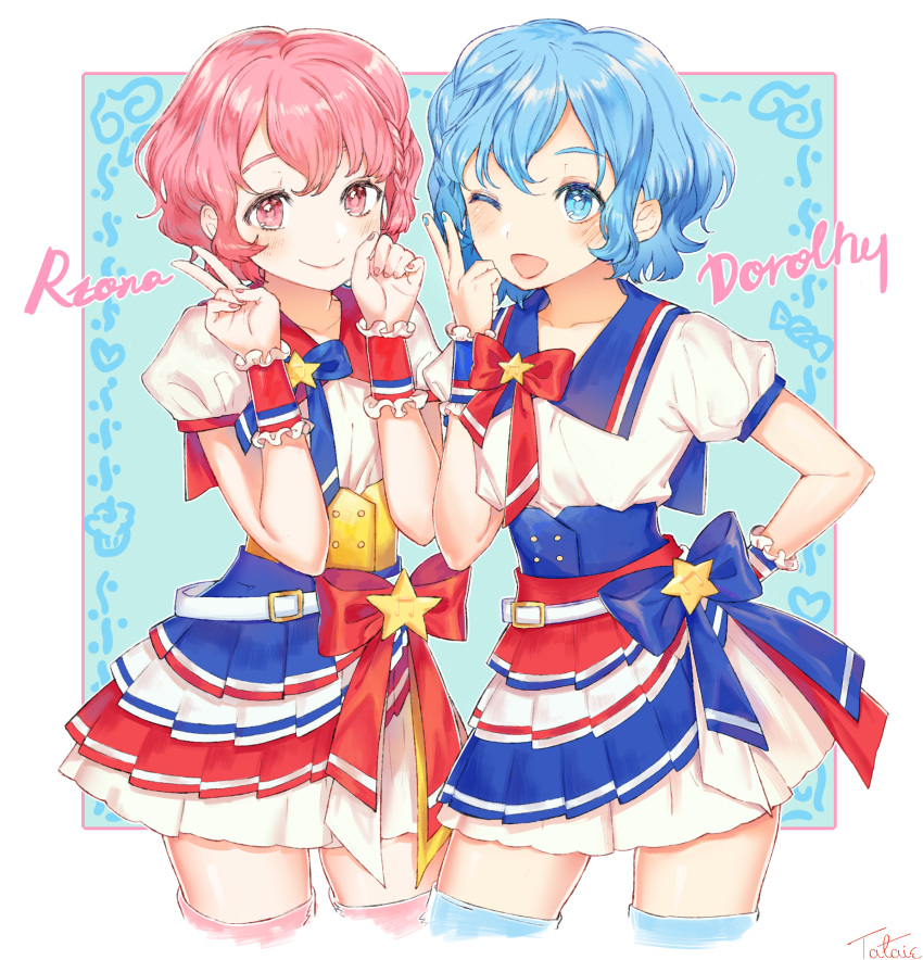 1boy 1girl absurdres blue_legwear blush brother_and_sister character_name dorothy_west ekki highres leona_west pink_legwear pleated_skirt pripara siblings skirt thigh-highs trap twins v