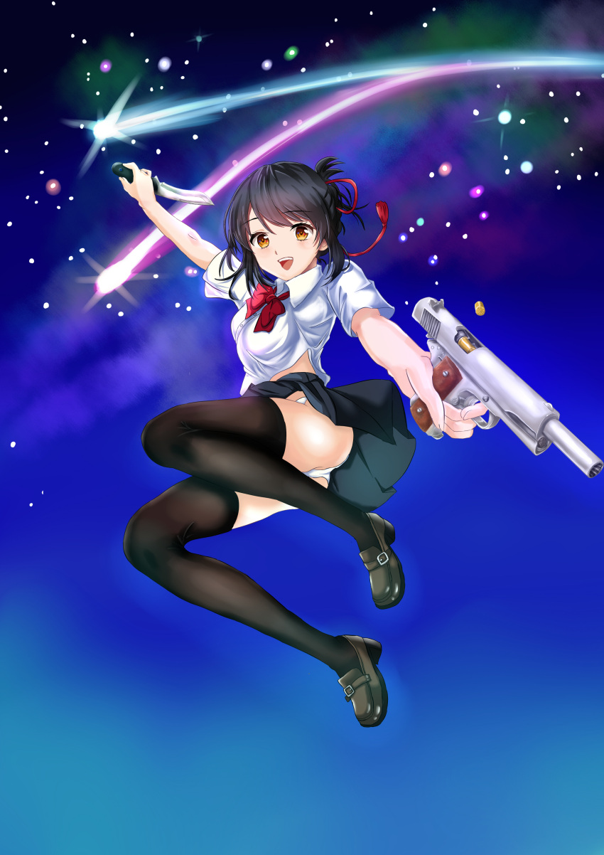 1girl absurdres artist_request black_hair black_legwear black_shoes brown_eyes comet gun hair_ribbon handgun highres kimi_no_na_wa knife m1911 miyamizu_mitsuha night red_ribbon ribbon school_uniform shoes short_sleeves sky smile star_(sky) starry_sky thigh-highs weapon