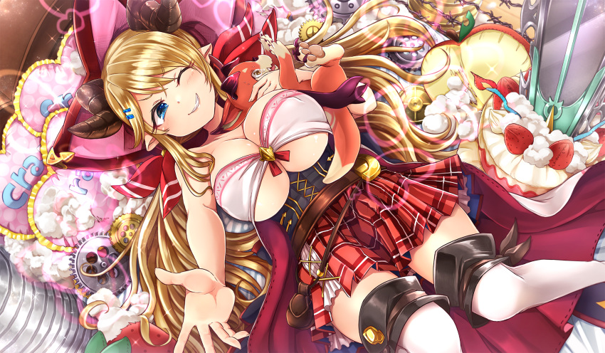 1girl ;) blonde_hair blue_eyes blush breasts cleavage doraf gears granblue_fantasy grin hair_ornament hair_ribbon hairclip hallessena highres horns kamiya_zuzu large_breasts long_hair lying on_back one_eye_closed pillow plaid plaid_skirt pointy_ears ribbon skirt smile solo stuffing thigh-highs under_boob vee_(granblue_fantasy) white_legwear zettai_ryouiki