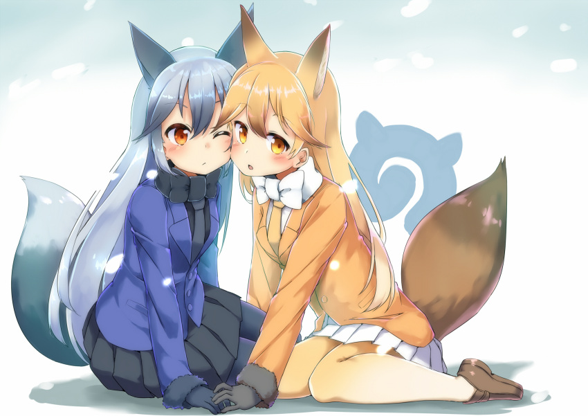 2girls animal_ears black_bow black_bowtie black_gloves black_hair black_legwear black_shirt black_skirt blonde_hair blush bow bowtie cheek-to-cheek commentary_request ezo_red_fox_(kemono_friends) fox_ears fox_tail fur_trim gloves grey_hair hair_between_eyes highres jacket japari_symbol kemono_friends loafers long_hair long_sleeves looking_at_viewer multicolored_hair multiple_girls necktie one_eye_closed open_mouth pantyhose pleated_skirt purple_jacket purple_necktie sekira_ame shirt shoes silver_fox_(kemono_friends) sitting skirt tail wariza white_bow white_bowtie white_shirt white_skirt yellow_eyes yellow_jacket yellow_necktie yokozuwari