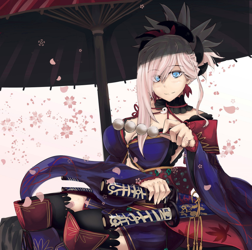 1girl asymmetrical_hair b.d black_legwear blue_eyes breasts cleavage dango detached_collar earrings fate/grand_order fate_(series) floral_print food hair_ornament highres holding holding_food holding_weapon japanese_clothes jewelry katana kimono large_breasts long_hair long_sleeves looking_at_viewer magatama miyamoto_musashi_(fate/grand_order) navel_cutout petals pink_hair ponytail sash sheath sheathed simple_background sitting sword thigh-highs thighs umbrella wagashi weapon