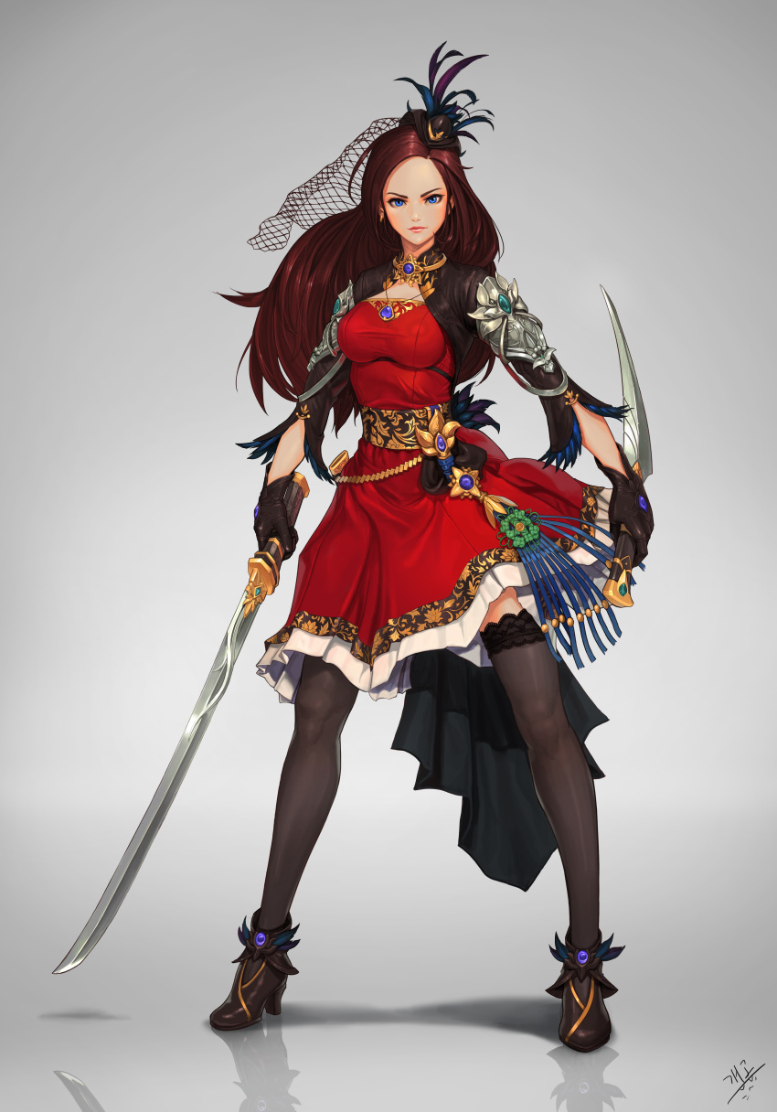 1girl absurdres black_legwear blue_eyes breasts brown_hair dae_jun_park dagger dress dual_wielding feathers full_body gloves hair_feathers hat high_heels highres holding holding_sword holding_weapon knight leather leather_gloves long_hair looking_at_viewer medium_breasts mini_hat original red_dress sash solo standing sword thigh-highs veil weapon