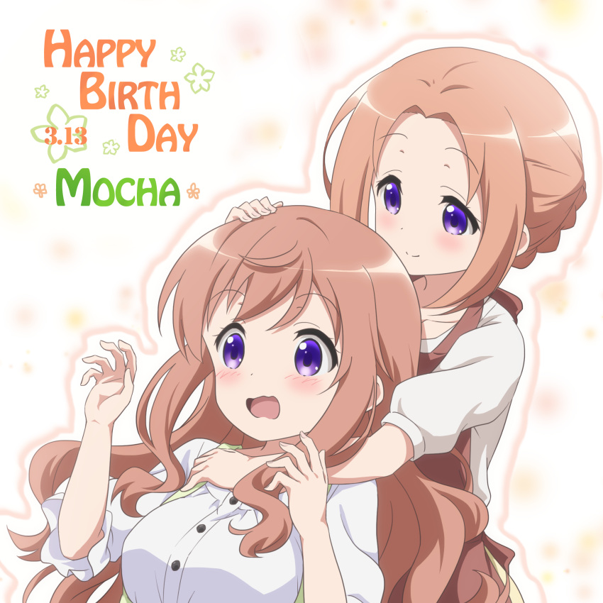 2girls apron arm_over_shoulder bangs blush breasts brown_hair buttons character_name closed_mouth collarbone commentary_request cowboy_shot dated dress embarrassed english flower gochuumon_wa_usagi_desu_ka? green_dress hand_on_another's_head happy_birthday highres hoto_cocoa's_mother hoto_mocha large_breasts long_hair looking_at_another mother_and_daughter multicolored multicolored_background multiple_girls open_mouth orange_hair outline parted_bangs petting red_apron red_star_(toranecomet) shirt short_hair short_sleeves sidelocks skirt sleeveless sleeveless_dress smile upper_body violet_eyes wavy_mouth white_shirt yellow_skirt