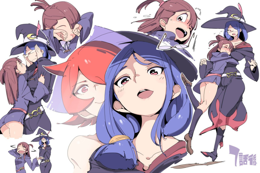 2girls ;d arm_behind_head ass belt blue_hair blush boots breasts brown_hair chris_(mario) collarbone dress full_body glasses happy hat hat_feather hug kagari_atsuko kneehighs little_witch_academia long_dress long_hair long_sleeves looking_at_another multiple_girls one_eye_closed one_leg_raised open_mouth redhead rubbing_eyes shiny_chariot shoes short_dress short_hair side_ponytail sidelocks simple_background smile sweatdrop teacher_and_student tears ursula_(little_witch_academia) white_background wide_sleeves witch witch_hat