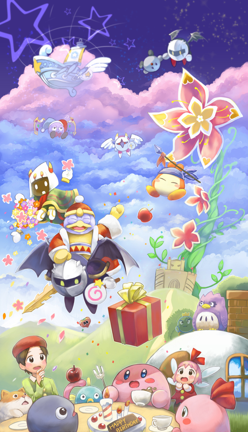 absurdres adeleine amripo angel_wings apple bandanna black_eyes bow bowtie brown_hair cake candle candy character_request chuchu_(kirby) clouds coat coo_(kirby) cup dark_meta_knight flower food fork fruit galacta_knight gift gloves gooey hair_ribbon happy_birthday highres hill house king_dedede kirby kirby's_dream_land_2 kirby's_dream_land_3 kirby's_epic_yarn kirby_(series) kirby_64 kirby_super_star lollipop mask maxim_tomato meta_knight pink_hair plant plate polearm prince_fluff ribbon ribbon_(kirby) rick_(kirby) shield ship spear star sword teacup vines waddle_dee watercraft weapon white_gloves wings yellow_eyes