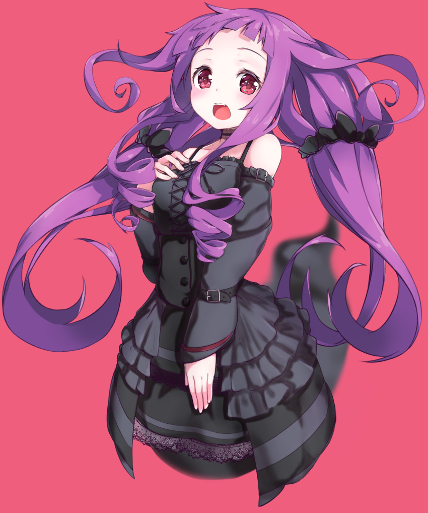 1girl absurdres belt black_dress choker detached_sleeves dress drill_hair full_body ghost ghost_tail highres long_hair looking_at_viewer open_mouth original purple_hair red_background red_eyes relila simple_background solo teeth very_long_hair