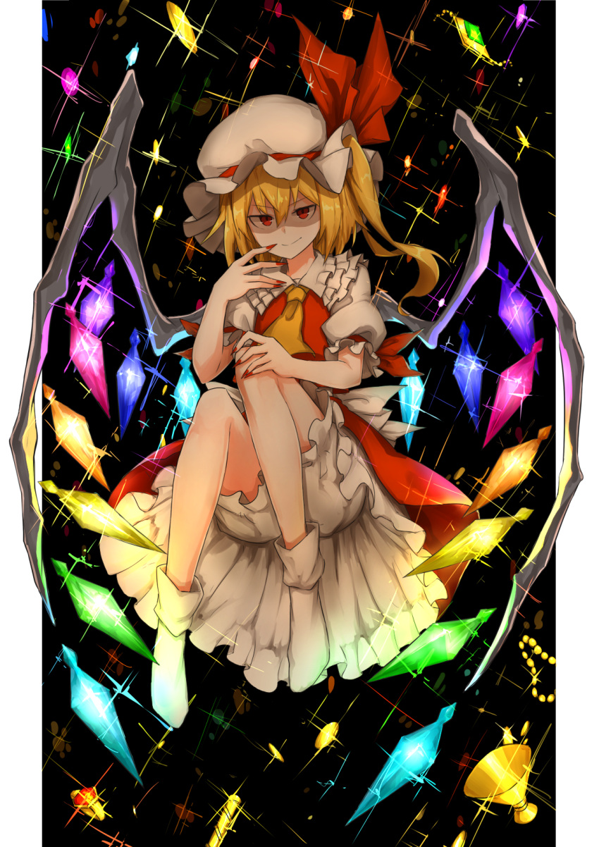 &gt;:) 1girl ascot bangs bent_knees blonde_hair bloomers bobby_socks chalice closed_mouth crystal flandre_scarlet frilled_shirt_collar frills full_body glitter gold hair_between_eyes hat hat_ribbon highres jewelry kan_(aaaaari35) knees_up looking_at_viewer mob_cap nail_polish petticoat puffy_short_sleeves puffy_sleeves red_eyes red_nails red_ribbon red_skirt red_vest ribbon ring shaded_face short_sleeves side_ponytail skirt socks solo sparkle touhou underwear vest white_legwear wings