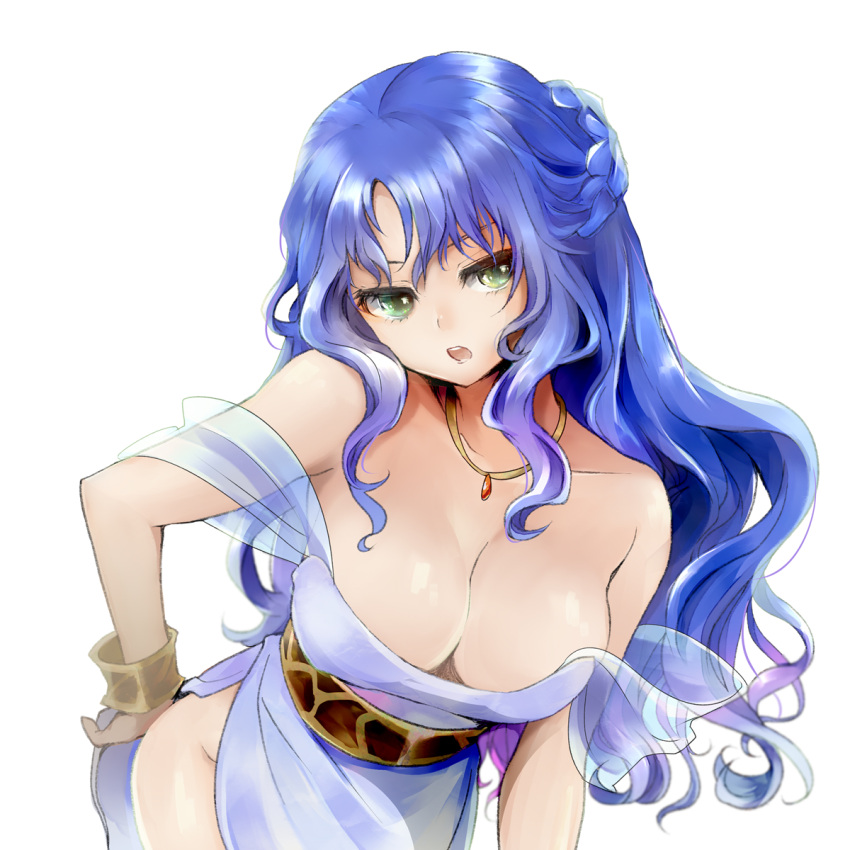 1girl bare_shoulders blue_hair breasts brown_hair cleavage compile female green_eyes half_updo highres large_breasts long_hair madou_monogatari open_mouth puyopuyo rulue_(puyopuyo) shiro_hougyoku simple_background solo white_background