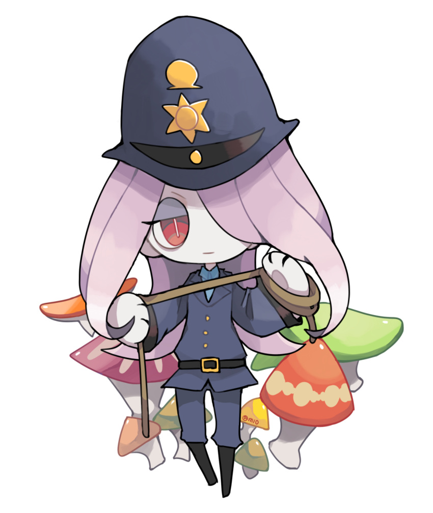 1girl belt chibi hair_over_one_eye highres little_witch_academia long_hair m10 mushroom no_nose police police_uniform policewoman purple_hair red_eyes rope solo sucy_manbavaran twitter_username uniform