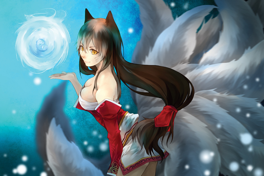 1girl ahri animal_ears bare_shoulders black_hair breasts cleavage detached_sleeves energy_ball facial_mark fox_ears fox_tail korean_clothes large_breasts league_of_legends lips long_hair multiple_tails slit_pupils solo tail whisker_markings yellow_eyes