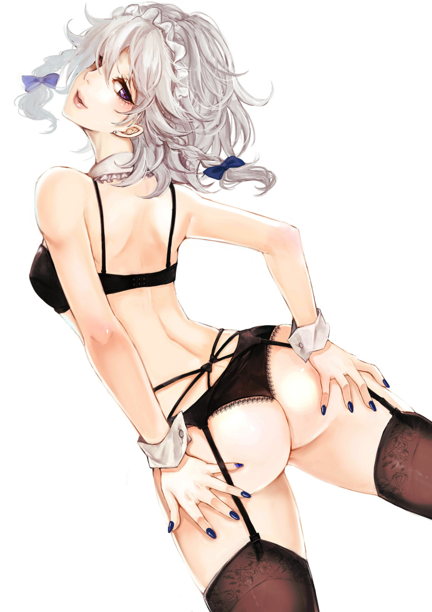1girl absurdres alternate_eye_color back backlighting black_bra black_panties blue_nails blush bow bra breasts detached_collar earrings eyelashes floral_print garter_belt hair_bow hair_over_one_eye hands_on_own_ass highres izayoi_sakuya jewelry kyogoku-uru lace lace-trimmed_panties lace_legwear lips looking_at_viewer looking_back maid_headdress messy_hair nail_polish panties parted_lips perspective pink_lips shiny shiny_hair silver_hair simple_background skindentation small_breasts smile solo stud_earrings thigh-highs touhou underwear underwear_only violet_eyes wedgie white_background wrist_cuffs