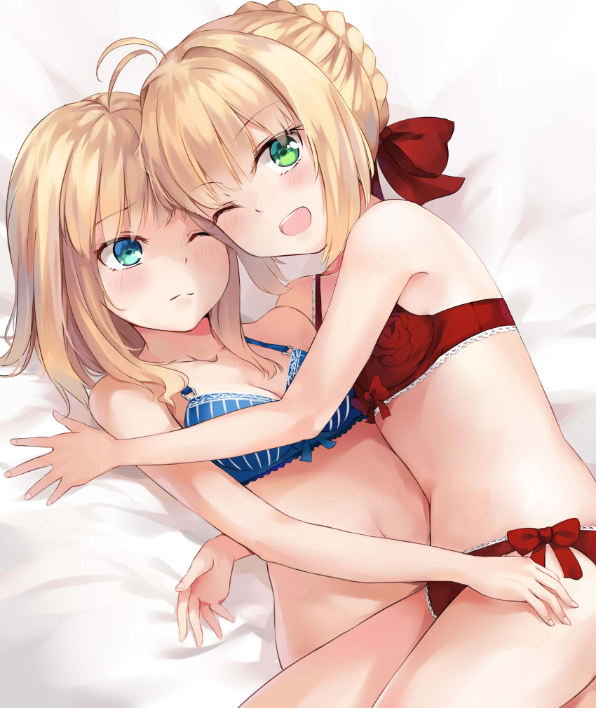 2girls ;( ;d absurdres ahoge aqua_eyes arm bangs bare_arms bare_shoulders bed_sheet blue_bra blush bra braid breasts cleavage collarbone dual_persona dutch_angle eyebrows_visible_through_hair fate/extra fate/stay_night fate_(series) female french_braid girl_on_top green_eyes hair_ribbon highres lace lace-trimmed_bra lace-trimmed_panties lingerie looking_at_another looking_at_viewer lying midriff multiple_girls navel neck on_back on_bed on_side one_eye_closed open_mouth panties red_bra red_panties red_ribbon ribbon round_teeth saber saber_extra small_breasts smile solo taira_(pixiv9613131) teeth thighs type-moon underwear underwear_only wavy_hair wince wink yuri