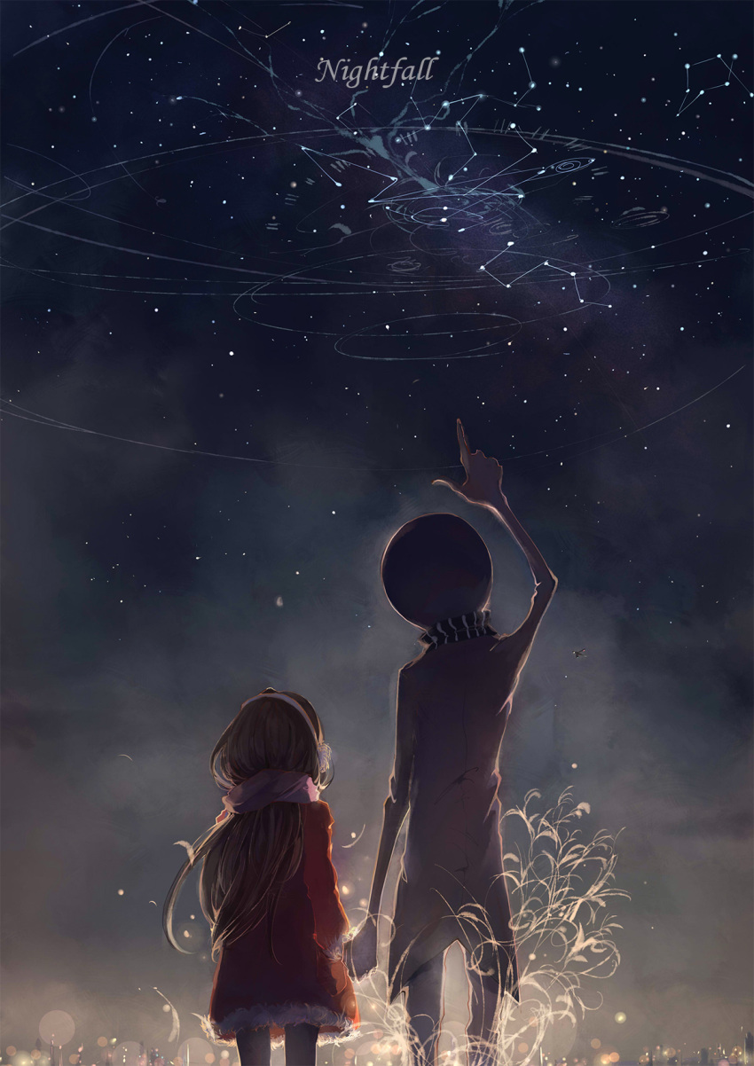 1boy 1girl blurry bokeh brown_hair building city coat commentary dark deemo deemo_(character) depth_of_field earmuffs from_behind girl_(deemo) hand_holding highres light_particles long_hair looking_up night night_sky pointing pointing_up scarf sishenfan sky song_name star_(sky)