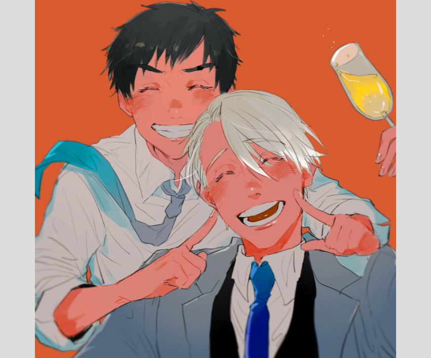 2boys ^_^ alcohol black_hair blazer champagne champagne_flute closed_eyes cup drinking_glass formal grin hands_on_another's_face jacket katsuki_yuuri male_focus multiple_boys necktie open_mouth rikyuu silver_hair smile suit upper_body viktor_nikiforov yuri!!!_on_ice