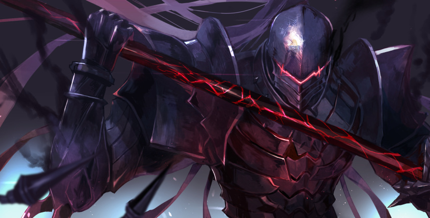 1boy armor berserker_(fate/zero) black_armor breastplate fate/zero fate_(series) full_armor gauntlets glowing helmet highres holding holding_weapon knight looking_at_viewer male_focus mono_(jdaj) pauldrons solo upper_body weapon