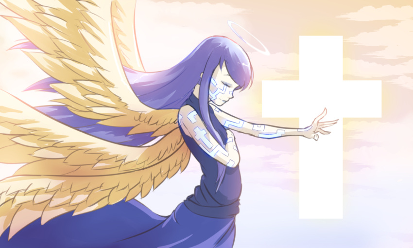 1girl angel_wings blue_hair blue_shirt blue_skirt closed_eyes clouds cowboy_shot cross david_hrusa floating_hair glowing halo long_hair long_skirt multiple_wings outstretched_arm pale_skin sariel shirt skirt sleeveless sleeveless_shirt smile solo tattoo touhou touhou_(pc-98) very_long_hair wings